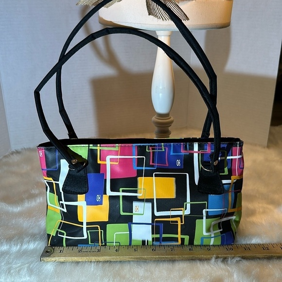 2 pc 90’s abstract sm blk shoulder bag w/ squares,white,orange,green,blue + Ipsy - Picture 3 of 7